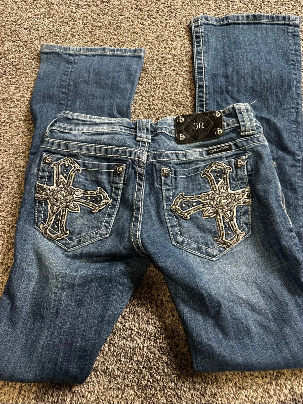 Miss Me Dark Blue Boot Cut Jeans with Embroidered Cross Pockets
